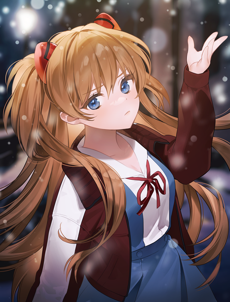 Anime picture 800x1050 with neon genesis evangelion gainax soryu asuka langley mannermana single long hair tall image looking at viewer blush fringe blue eyes hair between eyes standing upper body outdoors arm up wind orange hair open jacket snowing