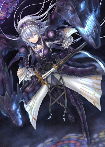 Anime picture 786x1100 with rozen maiden suigintou sabamu single long hair tall image purple eyes looking away silver hair girl dress weapon sword wings headdress armor dragon