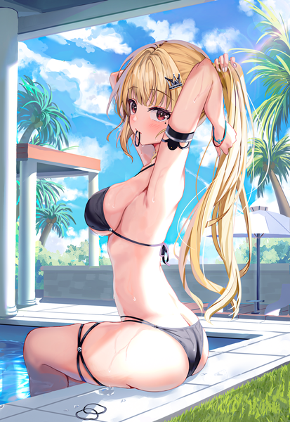 Anime picture 1773x2578 with original cream (cream) ha en single long hair tall image looking at viewer blush fringe highres breasts light erotic blonde hair red eyes large breasts holding payot sky cloud (clouds) outdoors
