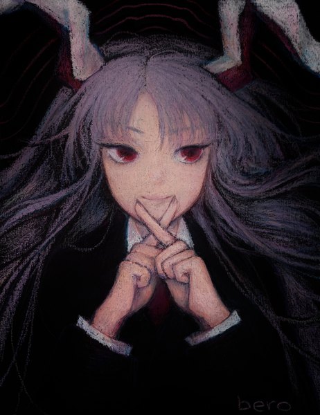 Anime picture 3151x4096 with touhou reisen udongein inaba svveetberry single long hair tall image looking at viewer fringe highres red eyes signed animal ears absurdres purple hair upper body long sleeves light smile bunny ears finger to mouth black background