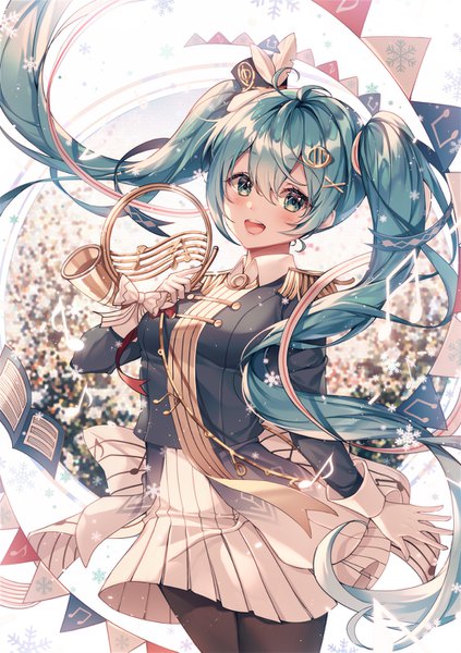 Anime picture 1000x1417 with vocaloid hatsune miku yuki miku yuki miku (2020) ttosom single long hair tall image looking at viewer blush fringe open mouth smile hair between eyes standing twintails holding payot ahoge long sleeves