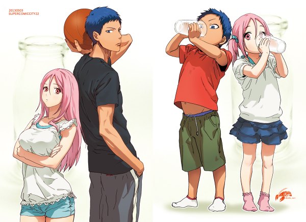 Anime-Bild 1200x872 mit kuroko no basket production i.g aomine daiki momoi satsuki okada zari (pixiv id 3651167) long hair looking at viewer short hair breasts blue eyes simple background large breasts standing white background twintails blue hair pink hair pink eyes bare belly no shoes
