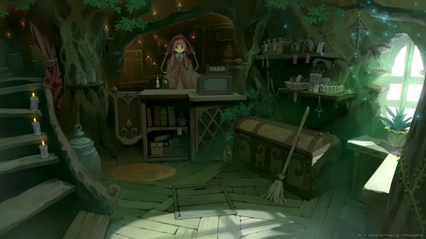 Anime picture 1280x720 with original mary (pixiv) single brown hair wide image standing twintails green eyes girl flower (flowers) plant (plants) tree (trees) window book (books) hood fruit bottle stairs mantle candle (candles)