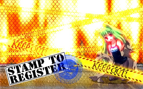 Anime picture 1920x1200 with havcom highres red eyes wide image green hair open clothes stamp girl swimsuit one-piece swimsuit fire school swimsuit caution tape