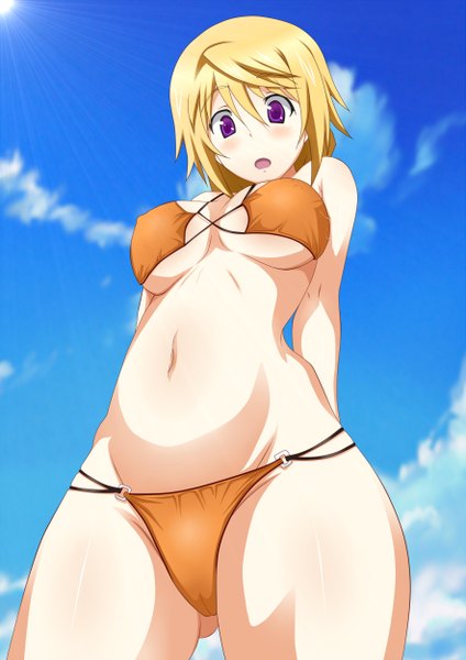 Anime picture 1767x2500 with infinite stratos 8bit charles dunois single long hair tall image highres open mouth light erotic blonde hair purple eyes girl navel swimsuit bikini