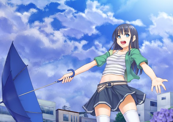 Anime picture 2103x1487 with original h kasei single long hair highres open mouth blue eyes black hair cloud (clouds) girl thighhighs skirt miniskirt white thighhighs umbrella