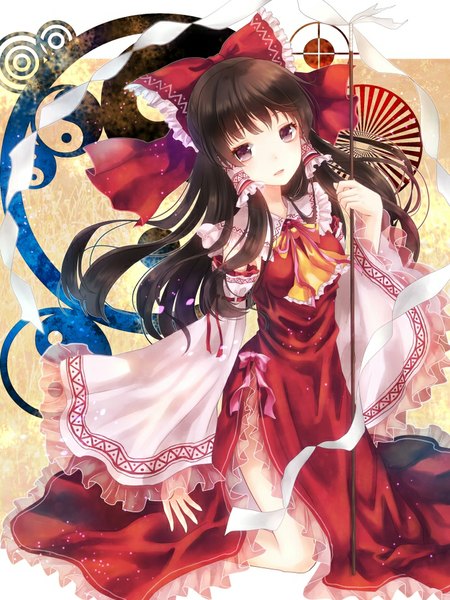 Anime picture 691x922 with touhou hakurei reimu nunucco single long hair tall image brown hair brown eyes traditional clothes parted lips yin yang girl bow ribbon (ribbons) hair bow detached sleeves frills staff large bow