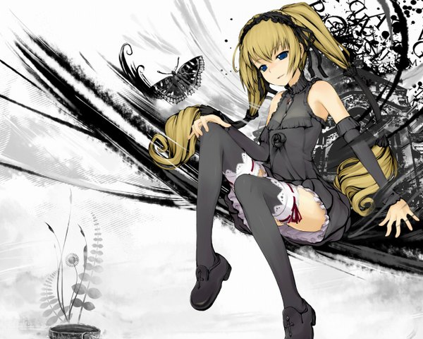 Anime picture 1280x1024 with seikon no qwaser blue eyes blonde hair twintails goth-loli thighhighs black thighhighs insect butterfly