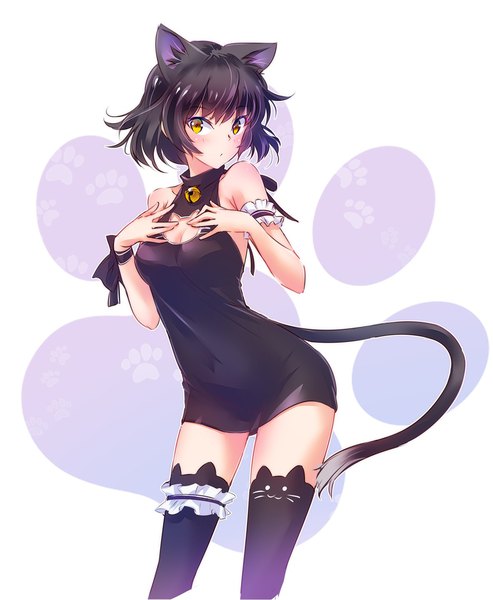 Anime picture 1183x1440 with rwby rooster teeth blake belladonna iesupa single tall image looking at viewer short hair breasts light erotic black hair simple background animal ears yellow eyes tail animal tail cat ears cat girl cat tail sleeveless