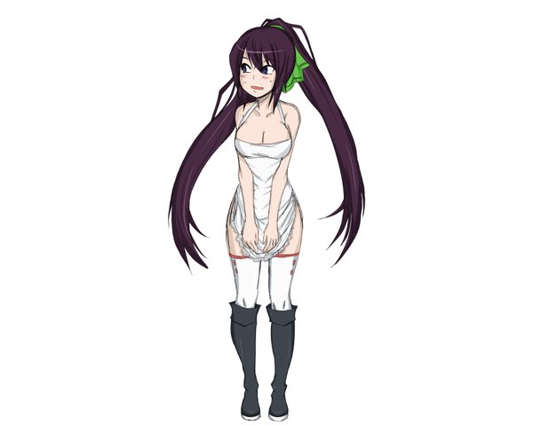 Anime picture 1920x1536 with infinite stratos 8bit shinonono houki single long hair blush highres breasts open mouth light erotic simple background white background bare shoulders purple hair ponytail naked apron girl thighhighs white thighhighs boots