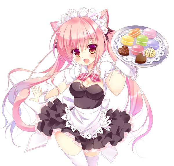 Anime picture 1252x1200 with original macaron (ameto yuki) ameto yuki single long hair blush simple background red eyes white background twintails animal ears pink hair cleavage cat ears maid cat girl cat tail bad anatomy girl thighhighs