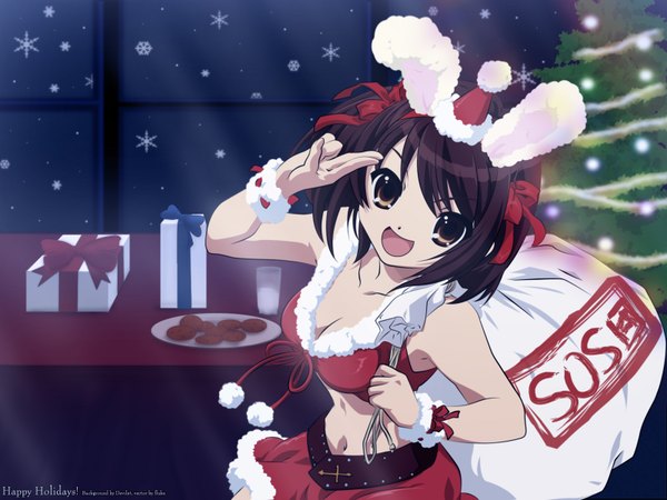 Anime picture 1600x1200 with suzumiya haruhi no yuutsu kyoto animation suzumiya haruhi fur trim christmas bunny girl winter girl fur santa claus hat santa claus costume pom pom (clothes)