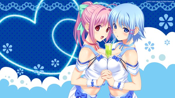 Anime picture 1920x1080 with tropical kiss hinata hanabi himuro rikka koutaro highres short hair blue eyes light erotic red eyes wide image multiple girls blue hair pink hair holding hands breast press girl 2 girls