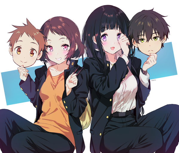 Anime picture 1325x1133 with hyouka kyoto animation chitanda eru oreki houtarou ibara mayaka fukube satoshi mery (yangmalgage) long hair looking at viewer blush fringe short hair open mouth black hair smile brown hair white background sitting purple eyes multiple girls