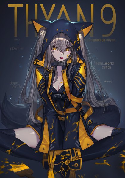 Anime picture 2867x4096 with original chyan single long hair tall image looking at viewer fringe highres hair between eyes sitting signed payot cleavage full body bent knee (knees) tail grey hair orange eyes two side up text