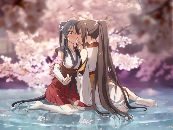 Anime picture 1786x1347 with kantai collection yamato super battleship yahagi light cruiser kisetsu blush fringe highres black hair brown hair sitting multiple girls holding brown eyes bent knee (knees) ponytail eyes closed long sleeves very long hair traditional clothes japanese clothes