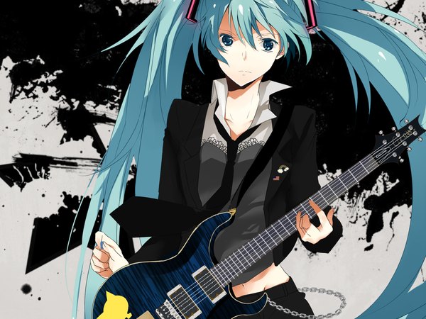 Anime picture 1400x1050 with vocaloid hatsune miku hatsuko single long hair blue eyes twintails blue hair girl necktie guitar