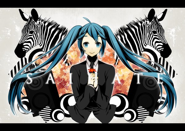 Anime picture 1414x1000 with vocaloid saihate (vocaloid) hatsune miku long hair smile twintails aqua eyes aqua hair girl flower (flowers) zebra