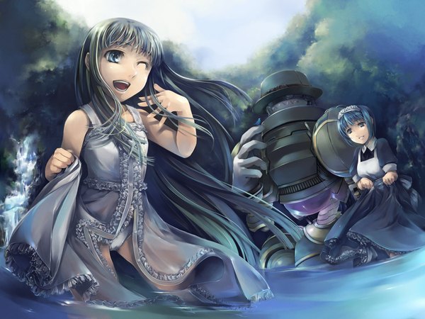 Anime picture 1024x768 with simosi maid goth-loli water robot