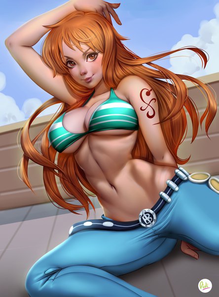 Anime picture 2598x3507 with one piece toei animation nami (one piece) didi esmeralda single long hair tall image looking at viewer blush fringe highres breasts light erotic smile large breasts sitting signed sky cleavage cloud (clouds)