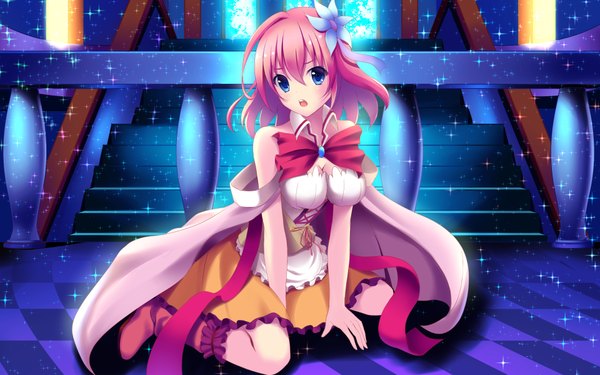 Anime picture 1920x1200 with no game no life madhouse stephanie dora korotan single looking at viewer blush highres short hair open mouth blue eyes pink hair girl dress hair ornament bow