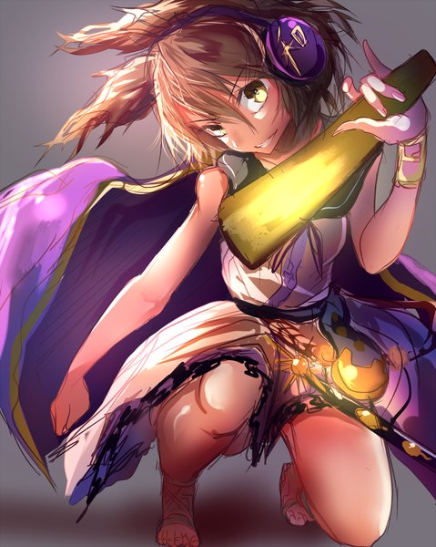 Anime picture 1000x1253 with touhou toyosatomimi no miko hizagawa rau single tall image looking at viewer short hair open mouth smile brown hair sitting bare shoulders animal ears yellow eyes bent knee (knees) bare legs no shoes fox ears squat clenched teeth