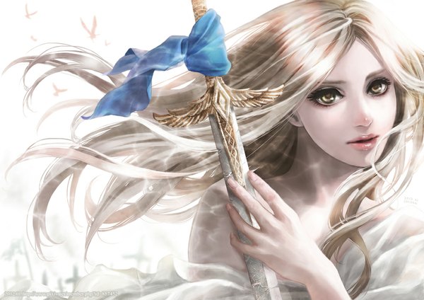 Anime picture 1100x778 with final fantasy final fantasy vi square enix celes chere cocoon single long hair open mouth simple background blonde hair white background bare shoulders brown eyes signed lips close-up girl ribbon (ribbons) weapon animal
