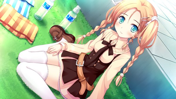 Anime picture 1280x720 with witch's garden hatano ririko ko~cha single long hair blush blonde hair wide image twintails green eyes game cg braid (braids) twin braids girl thighhighs dress hair ornament white thighhighs hairclip