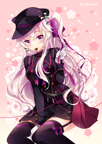 Anime picture 703x991 with original ichiyou moka single long hair tall image looking at viewer blush sitting purple eyes signed silver hair twitter username one side up pink background between legs floral background girl thighhighs gloves ribbon (ribbons)