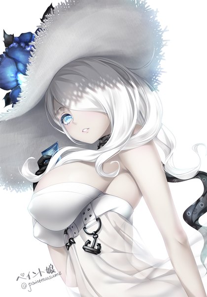 Anime picture 724x1034 with kantai collection seaport summer hime paint musume single long hair tall image looking at viewer fringe breasts blue eyes light erotic large breasts white background white hair hair over one eye shinkaisei-kan girl dress hat white dress