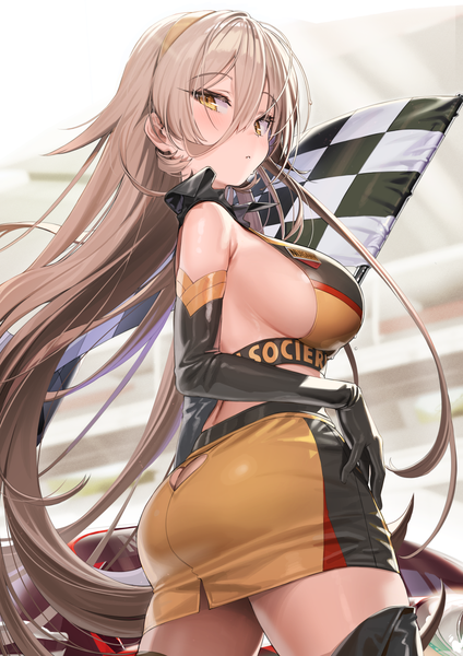 Anime picture 992x1403 with virtual youtuber nijisanji nui sociere kanzarin (hoochikiss) single tall image looking at viewer blush fringe breasts light erotic hair between eyes brown hair large breasts standing yellow eyes ass very long hair from behind alternate costume