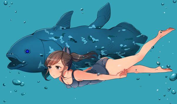 Anime picture 1811x1062 with kantai collection i-401 aircraft carrying submarine oniku (oishii oniku) long hair fringe highres light erotic brown hair wide image brown eyes ponytail floating hair underwater swimming girl swimsuit animal one-piece swimsuit bubble (bubbles) fish (fishes)