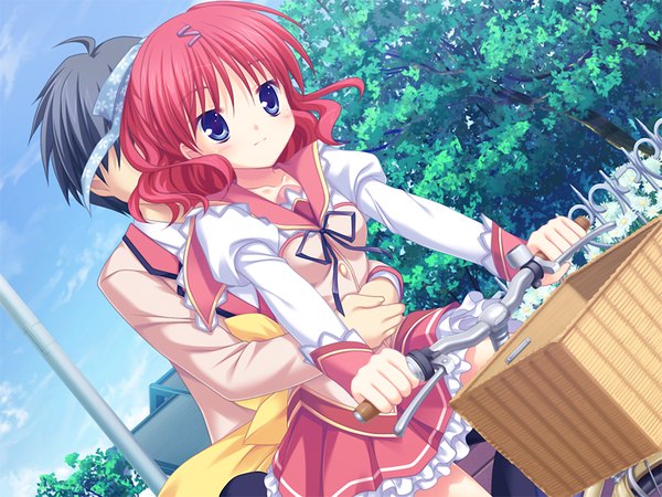 Anime picture 1024x768 with marguerite sphere ooura mio yuyi short hair blue eyes black hair game cg outdoors red hair hug hug from behind girl boy ribbon (ribbons) plant (plants) hair ribbon tree (trees) serafuku ground vehicle bicycle