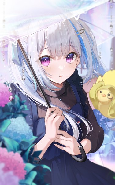 Anime picture 3800x6071 with virtual youtuber nijisanji lize helesta sebastian piyodore mika uni single long hair tall image looking at viewer highres purple eyes twintails absurdres silver hair :o rain transparent umbrella girl dress flower (flowers)