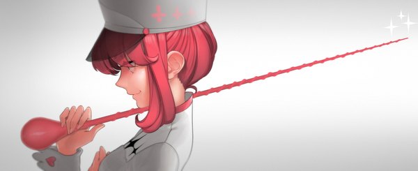 Anime picture 1910x782 with kill la kill studio trigger jakuzure nonon revolmxd single fringe highres short hair simple background smile wide image payot pink hair profile grey background girl uniform hat heart wrist cuffs