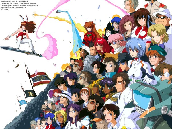 Anime picture 1024x768 with neon genesis evangelion flcl fushigi no umi no nadia gunbuster kare kano j.c. staff gainax soryu asuka langley tagme (character) ayanami rei ikari shinji katsuragi misato haruhara haruko canti ikari gendou nadia akagi ritsuko king (nadia) jean roque raltique grandis granva