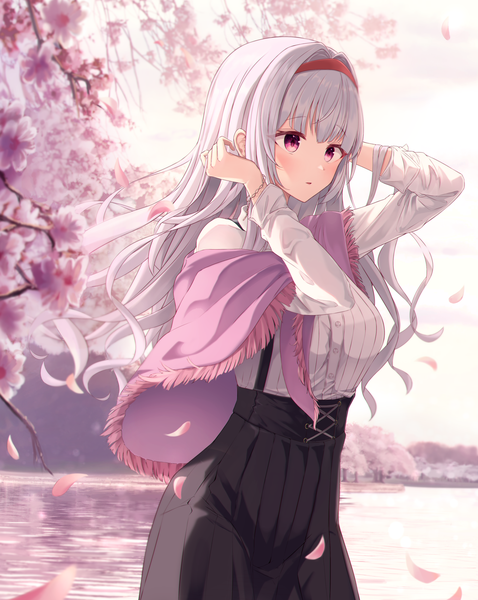 Anime picture 1751x2200 with idolmaster idolmaster million live! shijou takane sira (user dswn7488) single long hair tall image blush fringe highres open mouth standing payot looking away silver hair outdoors blunt bangs long sleeves pink eyes wind