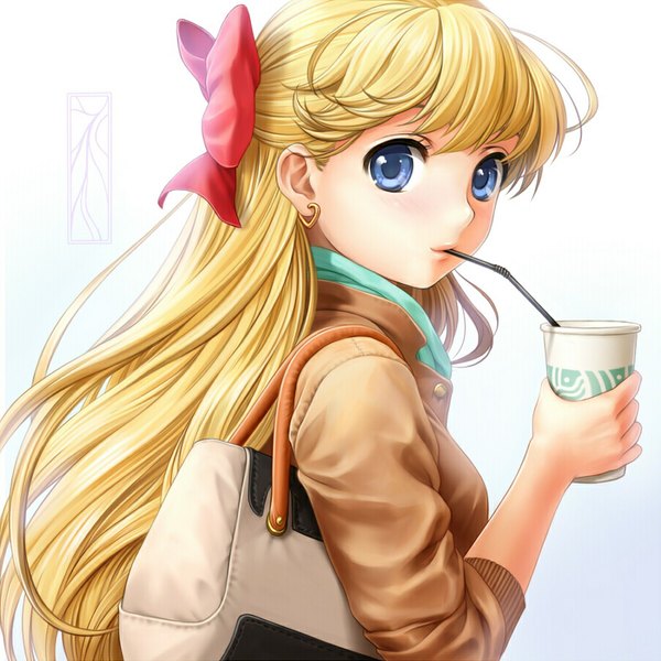 Anime picture 900x900 with bishoujo senshi sailor moon toei animation aino minako kotikomori single long hair blue eyes simple background blonde hair white background signed looking back watermark half updo girl bow hair bow earrings jacket bag