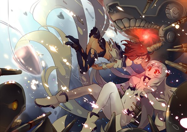 Anime-Bild 1050x742 mit kantai collection ikazuchi destroyer airfield hime yetworldview kaze short hair open mouth light erotic smile red eyes brown hair multiple girls silver hair ass very long hair profile torn clothes glowing glowing eye (eyes) underwater shinkaisei-kan
