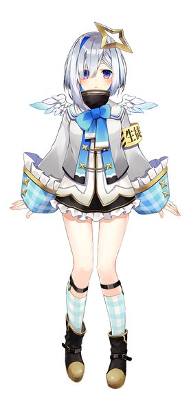 Anime picture 500x1080 with virtual youtuber hololive amane kanata amane kanata (1st costume) oshio (dayo) single tall image looking at viewer blush fringe short hair simple background standing white background purple eyes silver hair full body hair over one eye official art plaid