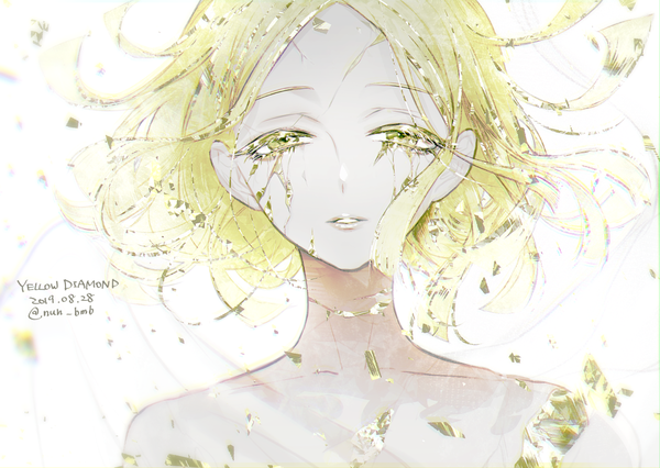 Anime picture 1100x781 with houseki no kuni yellow diamond (houseki no kuni) morino bambi single looking at viewer short hair blonde hair signed yellow eyes parted lips character names twitter username floating hair dated androgynous debris