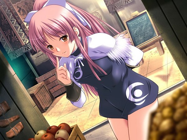 Anime picture 1024x768 with dungeon crusaderz brown eyes pink hair game cg girl bow hair bow apple