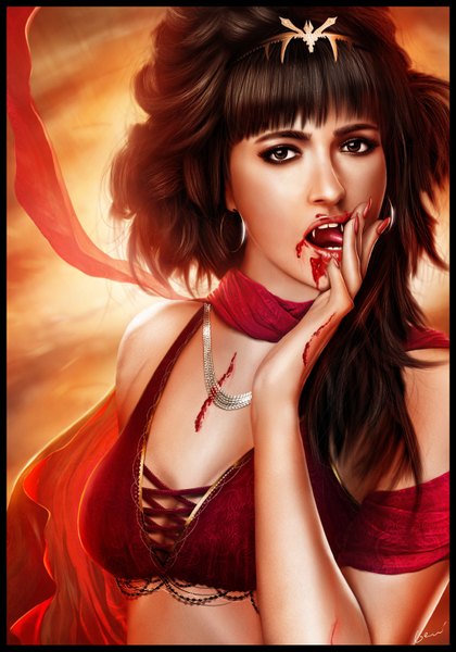 Anime picture 1024x1463 with original gerald jelitto long hair tall image open mouth black hair brown eyes nail polish sunlight realistic teeth fang (fangs) vampire girl earrings tongue blood
