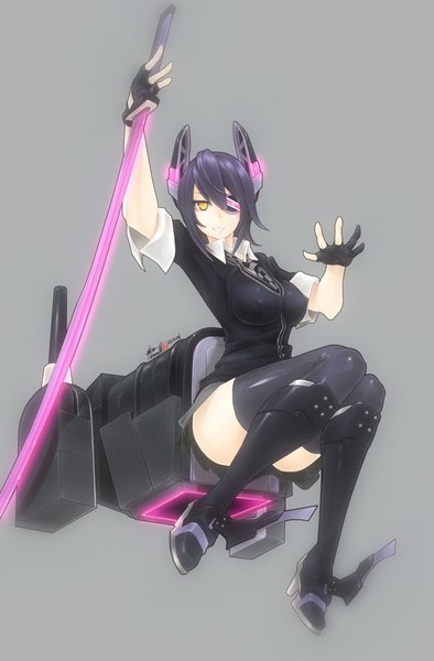Anime picture 1345x2048 with kantai collection tenryuu light cruiser caooll (co-ohol) single tall image looking at viewer fringe short hair breasts light erotic simple background smile holding yellow eyes purple hair nipples grey background short sleeves glowing knees touching