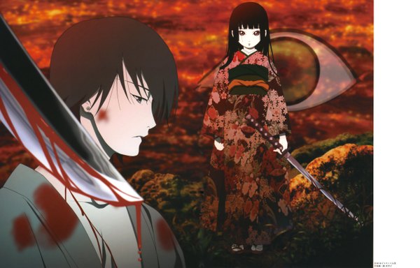 Anime picture 5115x3278 with hell girl studio deen enma ai ichimoku ren long hair looking at viewer highres short hair black hair red eyes standing absurdres long sleeves traditional clothes japanese clothes profile scan floral print girl boy