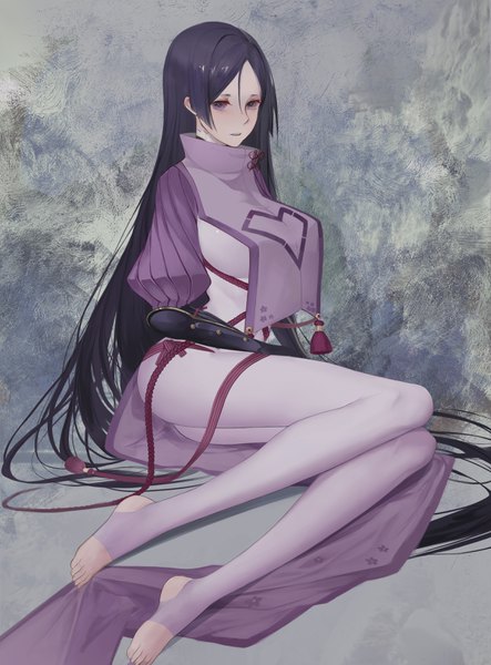 Anime picture 2432x3290 with fate (series) fate/grand order minamoto no raikou (fate) kelou single tall image highres breasts light erotic black hair large breasts sitting purple eyes payot full body very long hair no shoes girl tassel toeless legwear