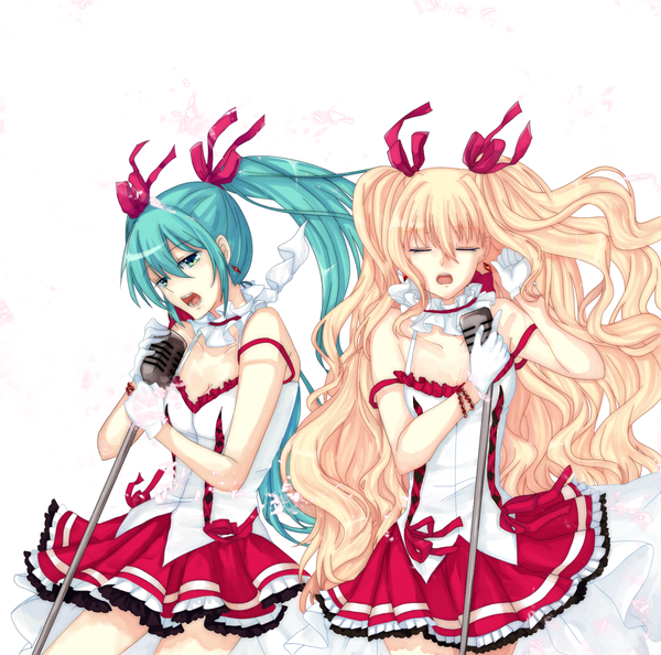 Anime picture 1200x1189 with vocaloid hatsune miku seeu ekf1ekf long hair open mouth blonde hair twintails multiple girls green eyes eyes closed aqua hair singing girl dress gloves ribbon (ribbons) 2 girls hair ribbon microphone stand