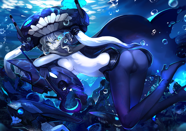Anime picture 1000x707 with kantai collection wo-class aircraft carrier saberiii single long hair breasts light erotic yellow eyes looking away ass white hair teeth glowing glowing eye (eyes) underwater white skin shinkaisei-kan girl gloves weapon
