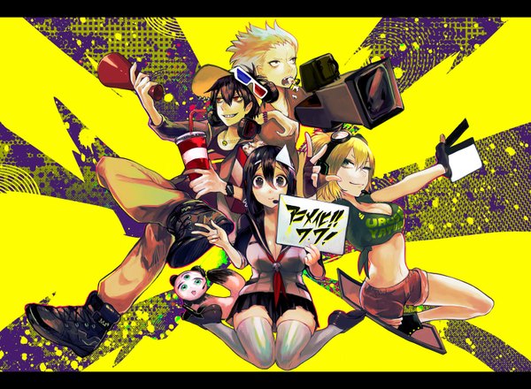 Anime picture 1500x1100 with blood lad brains base (studio) charlie blood staz yanagi fuyumi wolf (blood lad) bel hydra czc (deko) long hair short hair breasts blue eyes black hair smile red eyes sitting multiple girls green eyes cleavage one eye closed wink