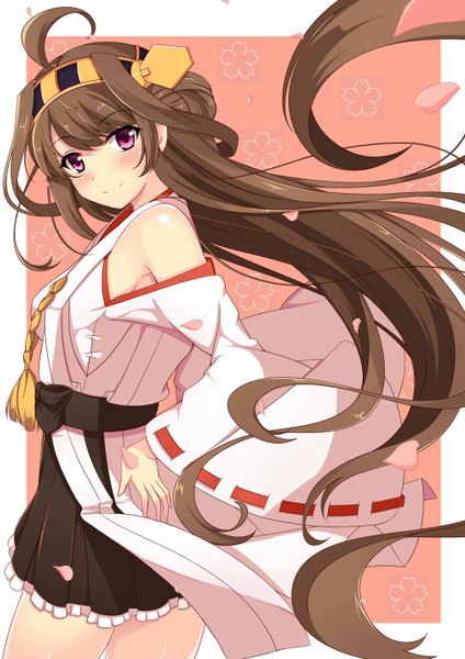 Anime picture 964x1364 with kantai collection kongou battleship single long hair tall image blush fringe smile brown hair standing purple eyes looking away very long hair traditional clothes pleated skirt hand on hip nontraditional miko girl skirt hair ornament